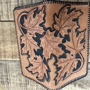 Hand-Tooled Leather Folio Wallet with Leaf Motif - Tan & Black